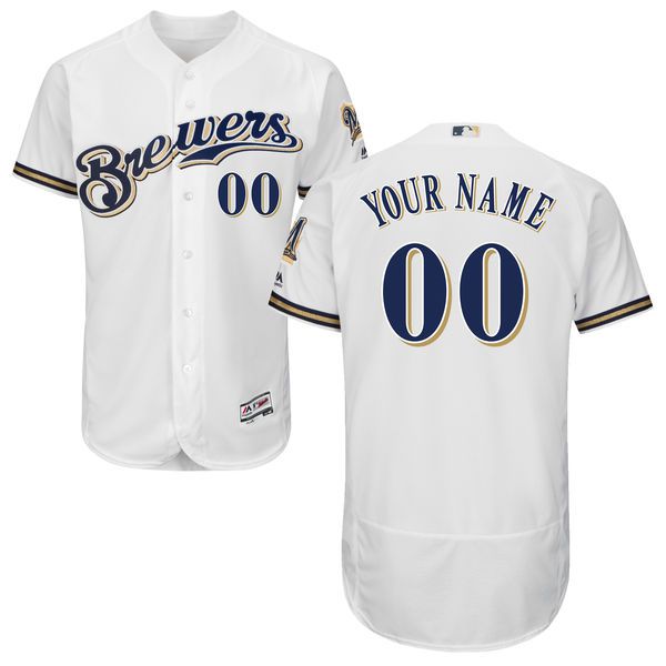 Men Milwaukee Brewers Majestic Home White Flex Base Authentic Collection Custom MLB Jersey